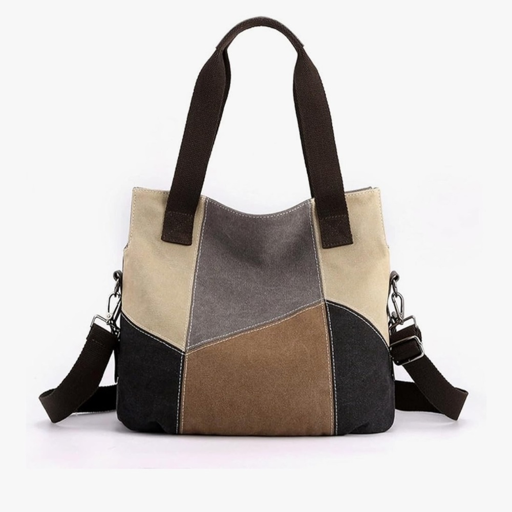 🆕 Patchwork Canvas Tote Bag for Women, Large Color-blocking Crossbody